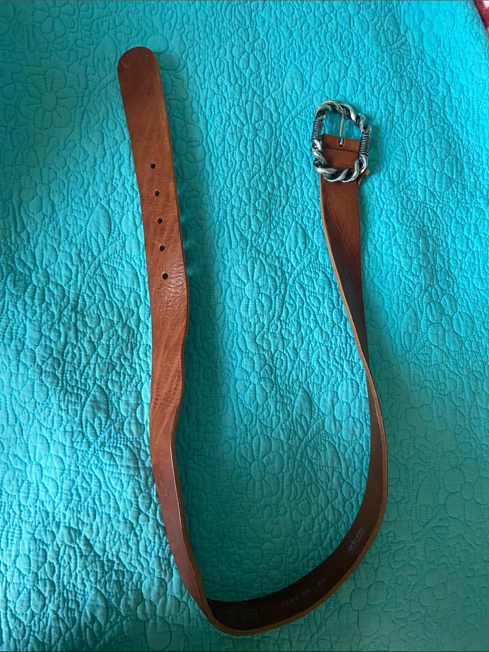 Brown Leather Women's Belt with Decorative Silver-Tone Chain Buckle